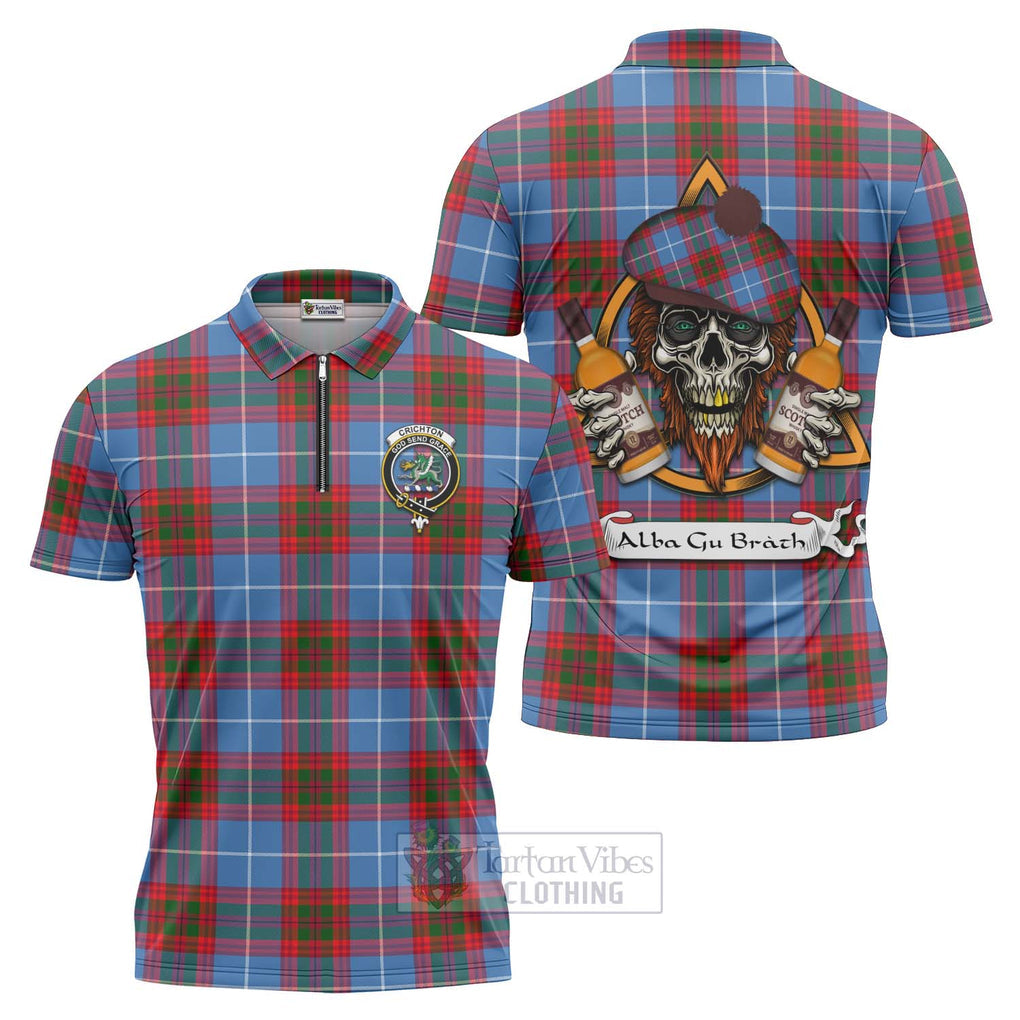 Tartan Vibes Clothing Crichton (Crighton) Tartan Zipper Polo Shirt with Family Crest and Bearded Skull Holding Bottles of Whiskey