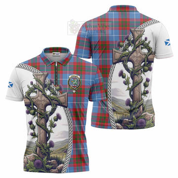 Crichton (Crighton) Tartan Zipper Polo Shirt with Family Crest and St. Andrew's Cross Accented by Thistle Vines Unisex - Tartan Vibes Clothing
