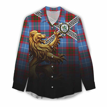 Crichton (Crighton) Crest Tartan Women's Casual Shirt with Golden Lion Emblem Celtic Style Female - Tartan Vibes Clothing