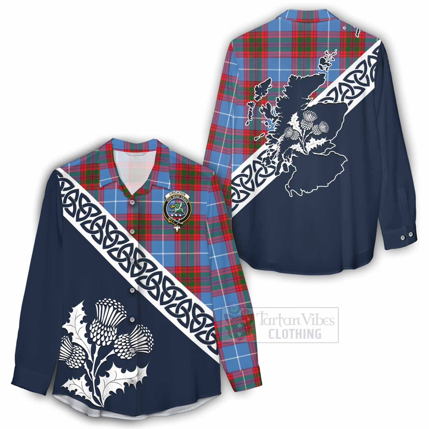 Tartan Vibes Clothing Crichton (Crighton) Tartan Women's Casual Shirt Featuring Thistle and Scotland Map