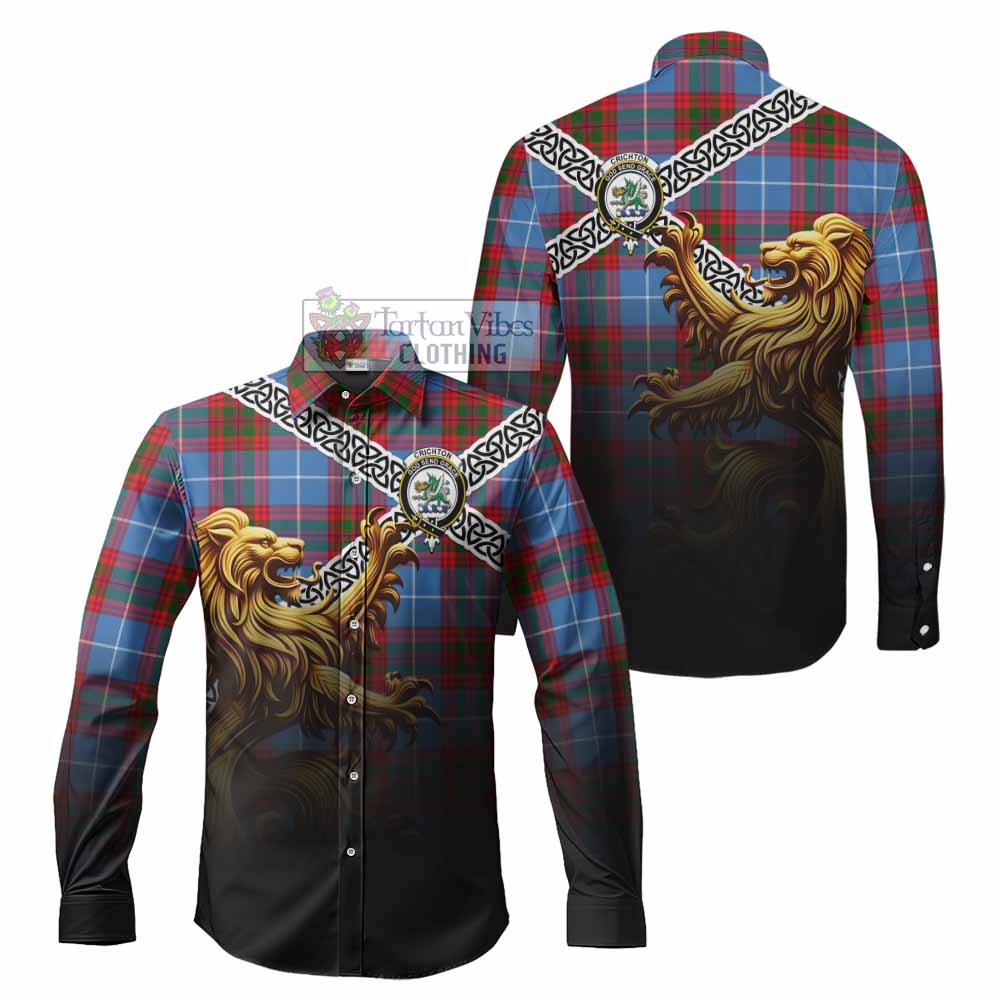 Crichton (Crighton) Crest Tartan Long Sleeve Button Shirt with Golden Lion Emblem Celtic Style - Tartan Vibes Clothing