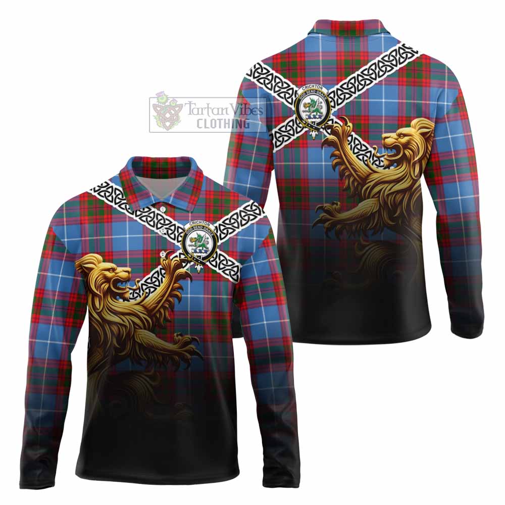 Crichton (Crighton) Crest Tartan Long Sleeve Polo Shirt with Golden Lion Emblem Celtic Style - Tartan Vibes Clothing