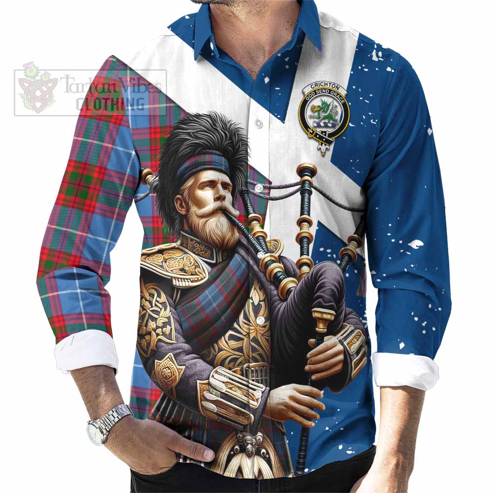 Crichton (Crighton) Tartan Long Sleeve Button Shirt with Family Crest Scottish Bagpiper Vibes - Tartan Vibes Clothing
