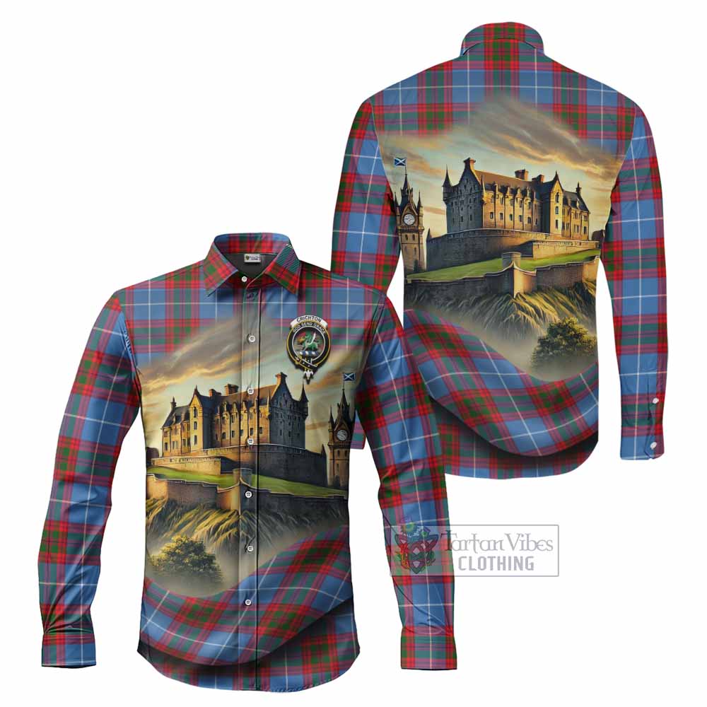 Tartan Vibes Clothing Crichton (Crighton) Tartan Family Crest Long Sleeve Button Shirt with Scottish Ancient Castle Style