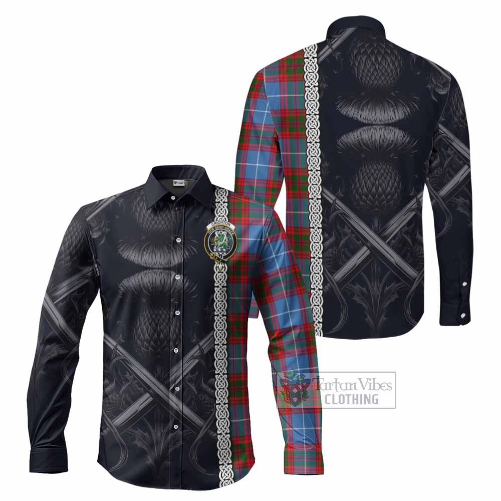 Tartan Vibes Clothing Crichton (Crighton) Tartan Long Sleeve Button Shirt with Family Crest Cross Sword Thistle Celtic Vibes