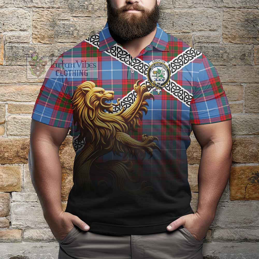 Tartan Vibes Clothing Crichton (Crighton) Crest Tartan Polo Shirt with Golden Lion Emblem Celtic Style