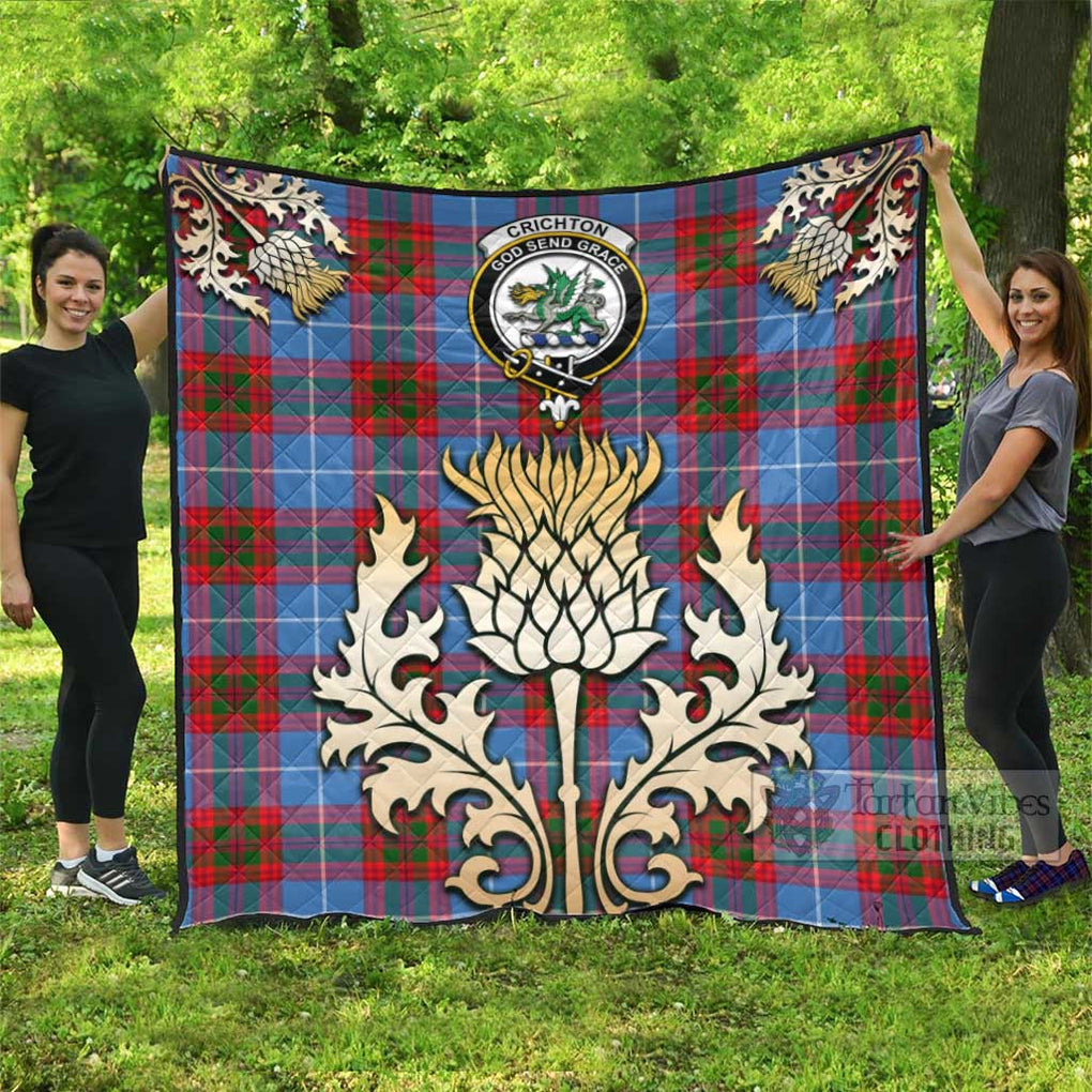 Tartan Vibes Clothing Crichton (Crighton) Tartan Quilt with Family Crest and Golden Thistle Style