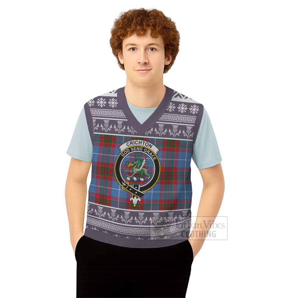 Crichton (Crighton) Clan Tartan Christmas Knitted V-Neck Vest with Family Crest - Tartan Vibes Clothing