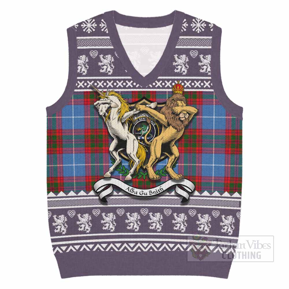 Crichton (Crighton) Clan Tartan Crest Christmas Knitted V-Neck Vest Coat of Arms Funny Style - Tartan Vibes Clothing