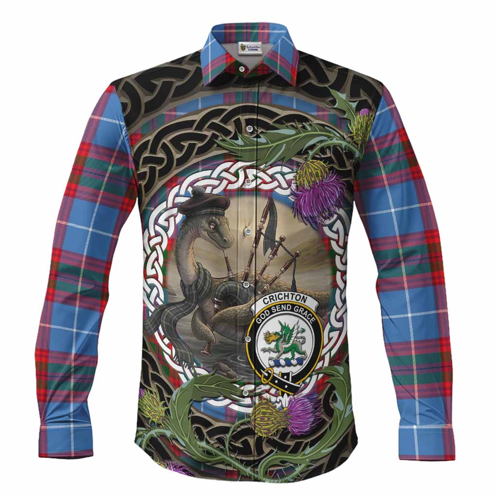 Crichton (Crighton) Tartan Crest Bagpipe Nessie Long Sleeve Button Shirts Scottish Loch Ness Monster Celtic Thistle