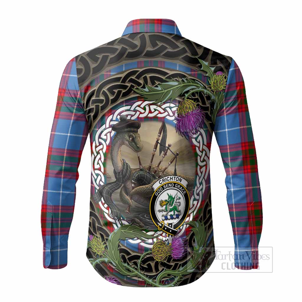 Crichton (Crighton) Tartan Crest Bagpipe Nessie Long Sleeve Button Shirts Scottish Loch Ness Monster Celtic Thistle