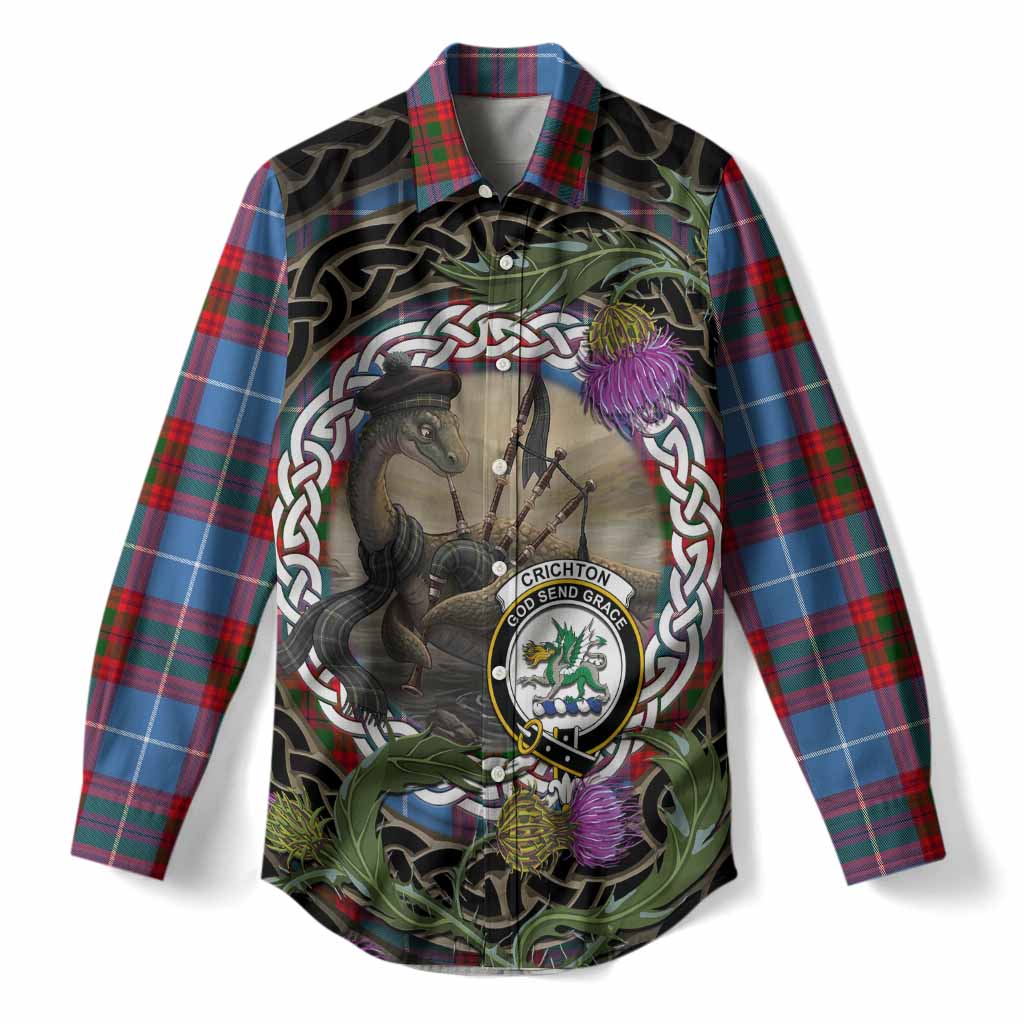 Crichton (Crighton) Tartan Crest Bagpipe Nessie Women Casual Shirt Scottish Loch Ness Monster Celtic Thistle