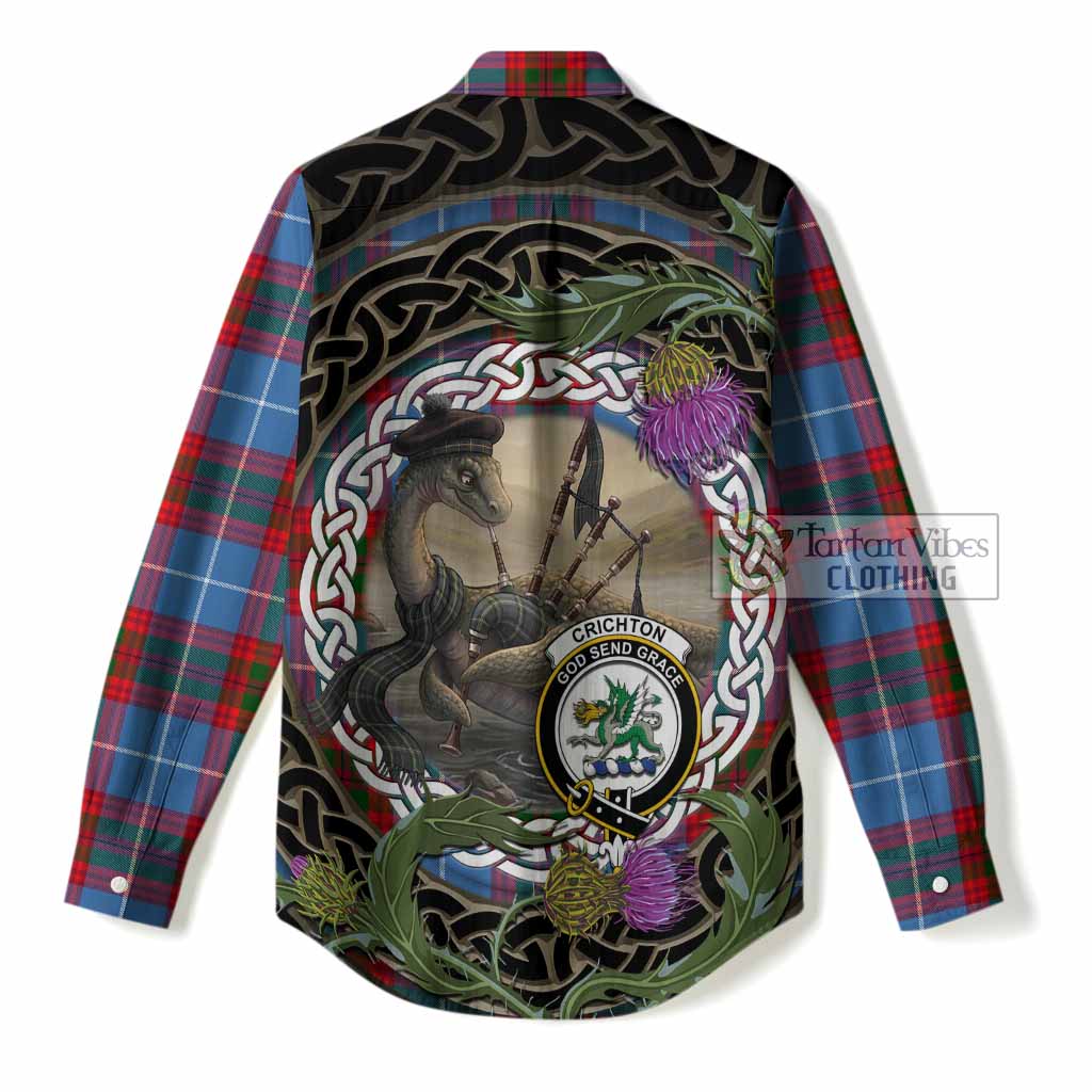 Crichton (Crighton) Tartan Crest Bagpipe Nessie Women Casual Shirt Scottish Loch Ness Monster Celtic Thistle