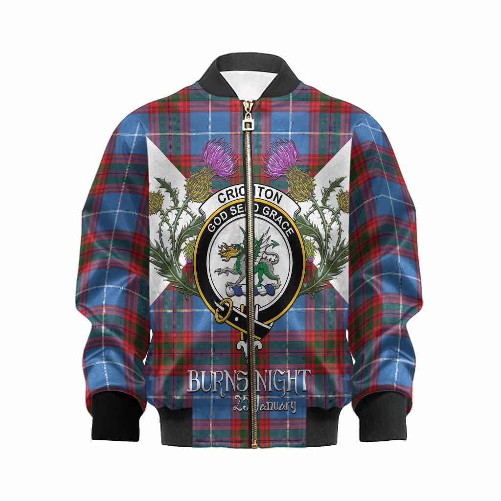 Crichton (Crighton) Tartan Family Crest Kid Bomber Jacket Scottish Burns Night Thistle Floral
