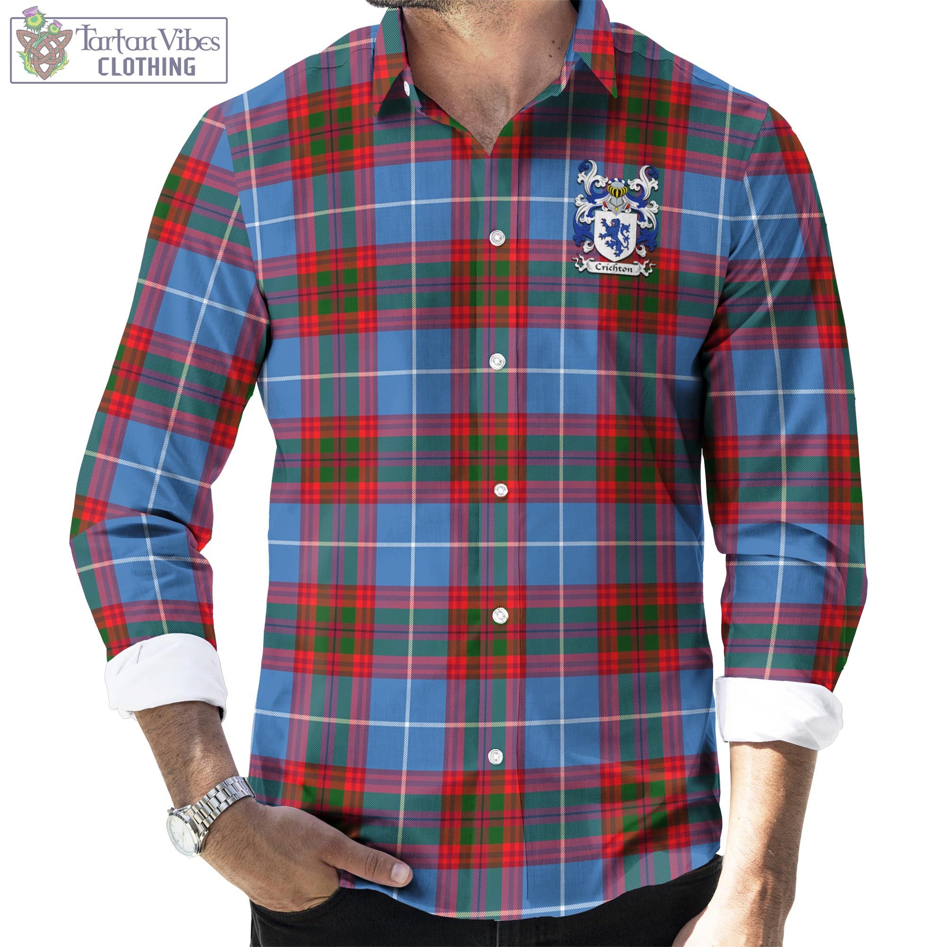 Crichton (Crighton) Tartan Long Sleeve Button Up Shirt with Coat of Arms Men's Shirt S - Tartan Vibes Clothing