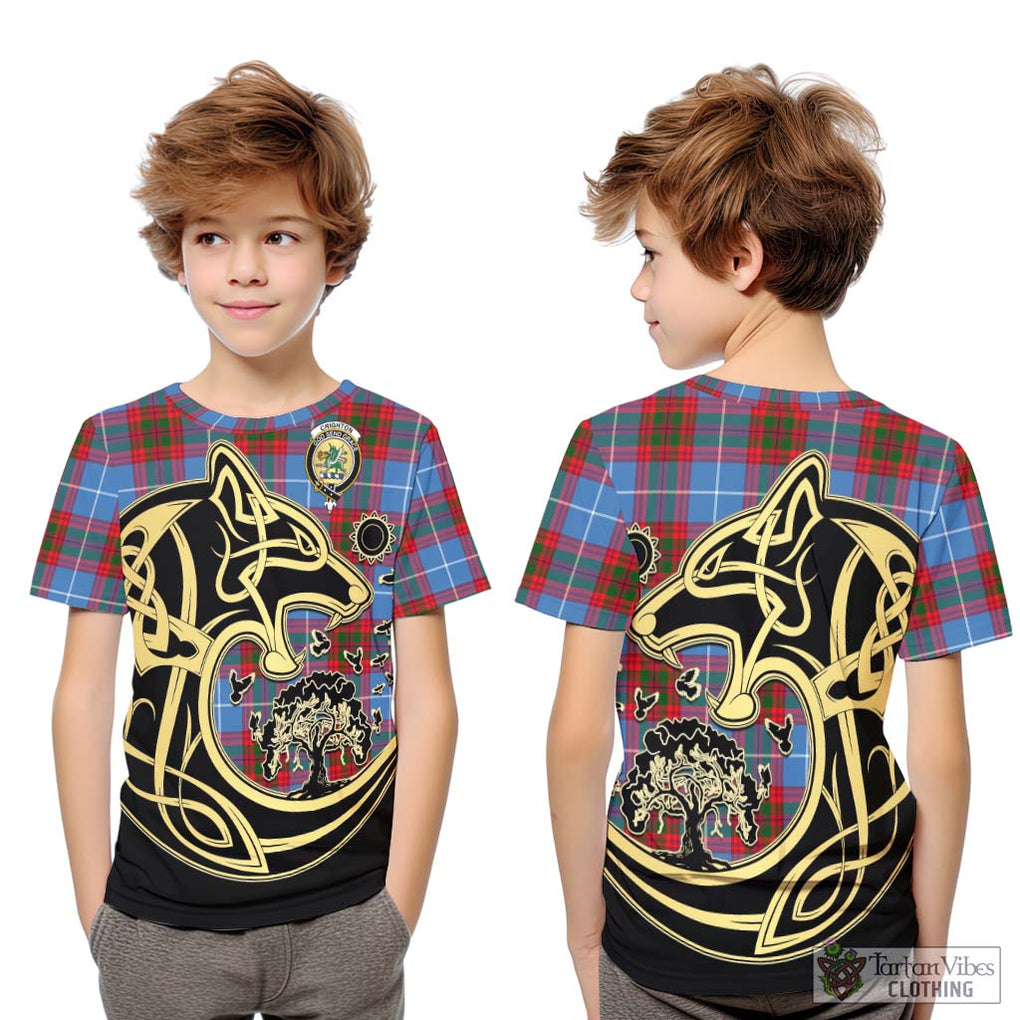 Crighton Tartan Kid T-Shirt with Family Crest Celtic Wolf Style Youth XL Size14 - Tartan Vibes Clothing
