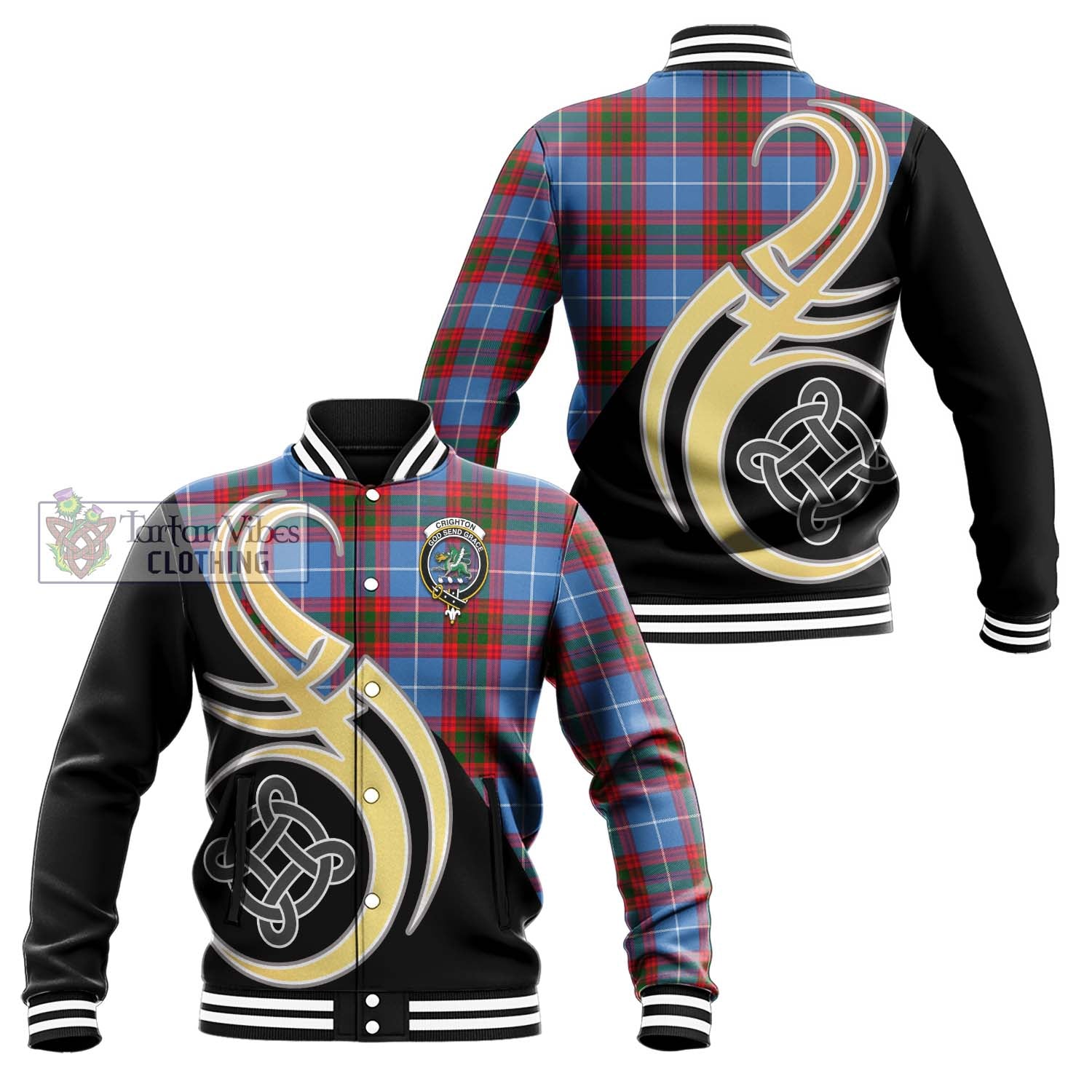 Crighton Tartan Baseball Jacket with Family Crest and Celtic Symbol Style Unisex - Tartan Vibes Clothing