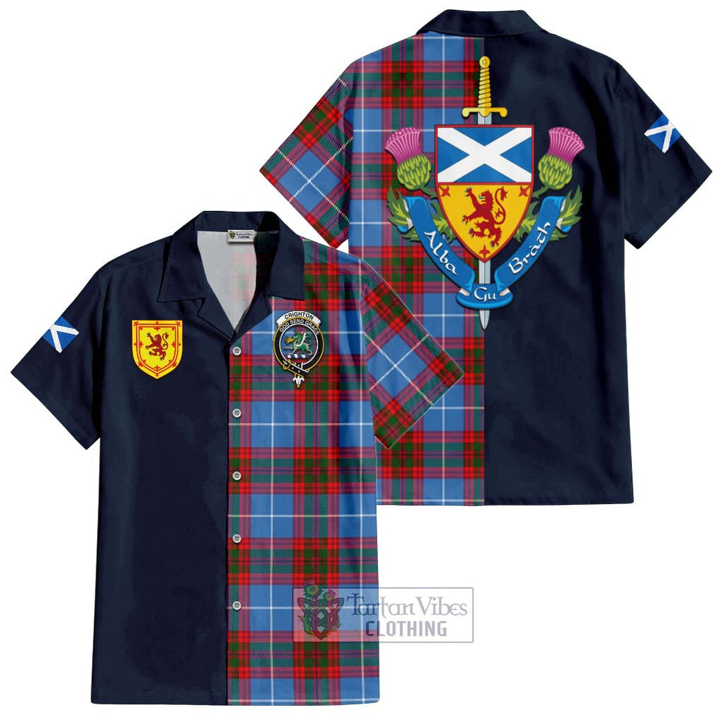 Crighton Tartan Hawaiian Shirt Alba with Scottish Lion Royal Arm Half Style Kid - Tartan Vibes Clothing