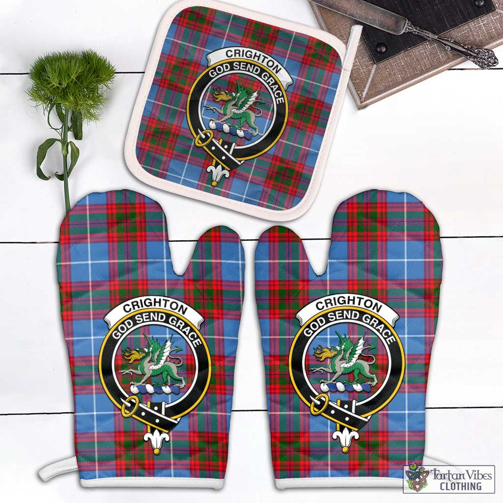 Crighton Tartan Combo Oven Mitt & Pot-Holder with Family Crest Combo 2 Oven Mitt & 1 Pot-Holder Black - Tartan Vibes Clothing