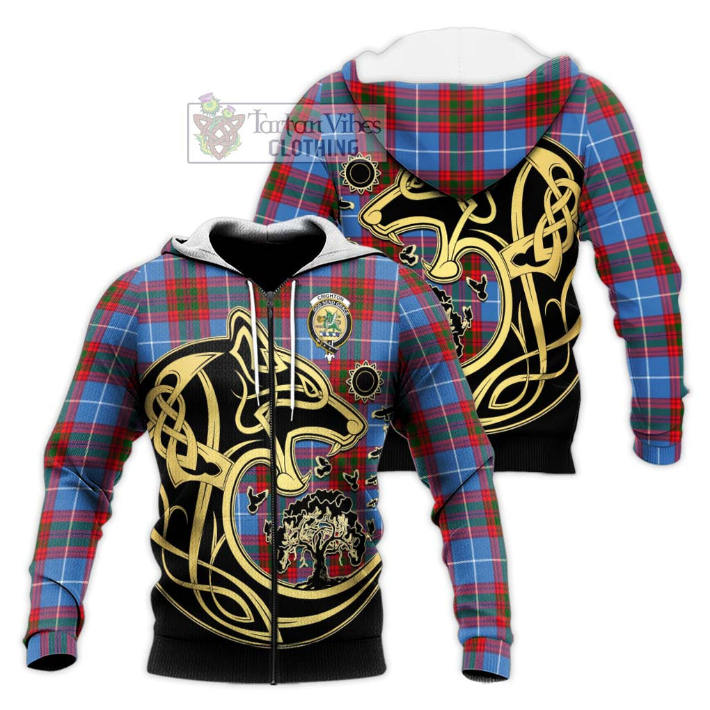 Crighton Tartan Knitted Hoodie with Family Crest Celtic Wolf Style Unisex Knitted Zip Hoodie - Tartan Vibes Clothing
