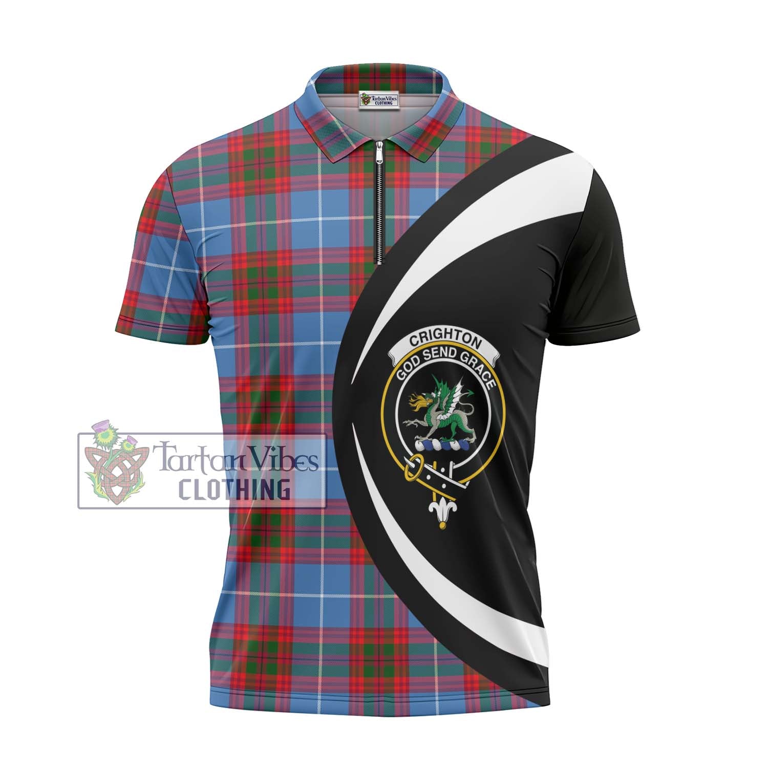 Crighton Tartan Zipper Polo Shirt with Family Crest Circle Style - Tartan Vibes Clothing