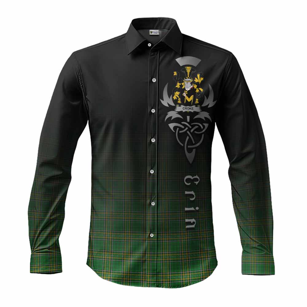 Tartan Vibes Clothing Croke Irish Clan Long Sleeve Button Shirt with Coat of Arms Erin Go Bragh Celtic Inspired
