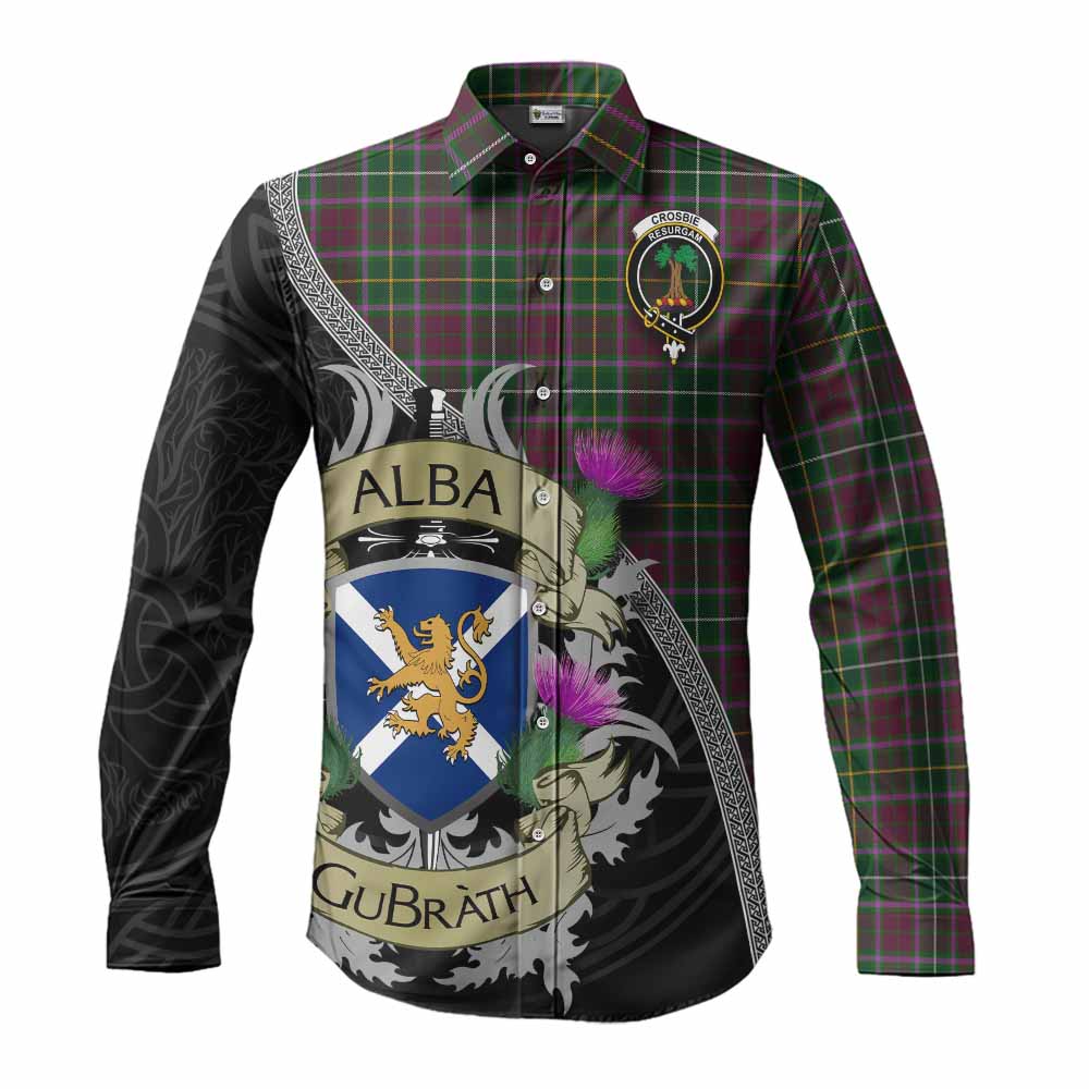 Tartan Vibes Clothing Crosbie Tartan Family Crest Long Sleeve Button Shirt Lion Rampant Royal Thistle Shield Celtic Inspired