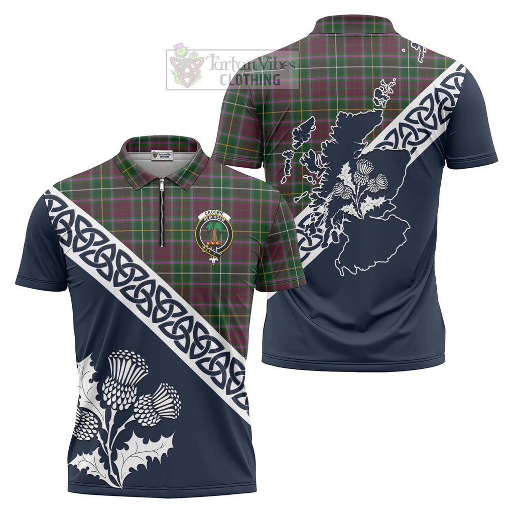 Crosbie Tartan Zipper Polo Shirt Featuring Thistle and Scotland Map Unisex - Tartanvibesclothing Store