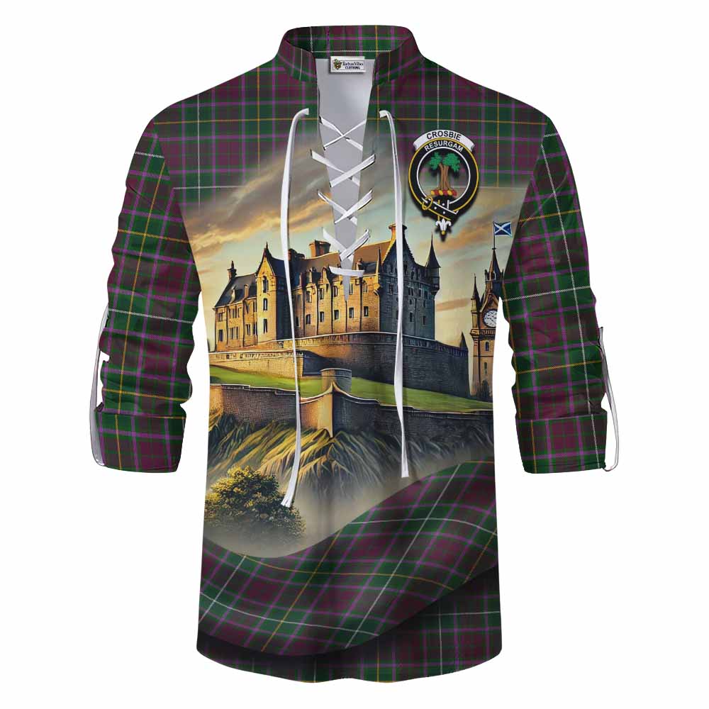 Tartan Vibes Clothing Crosbie Tartan Family Crest Ghillie Kilt Shirt with Scottish Ancient Castle Style