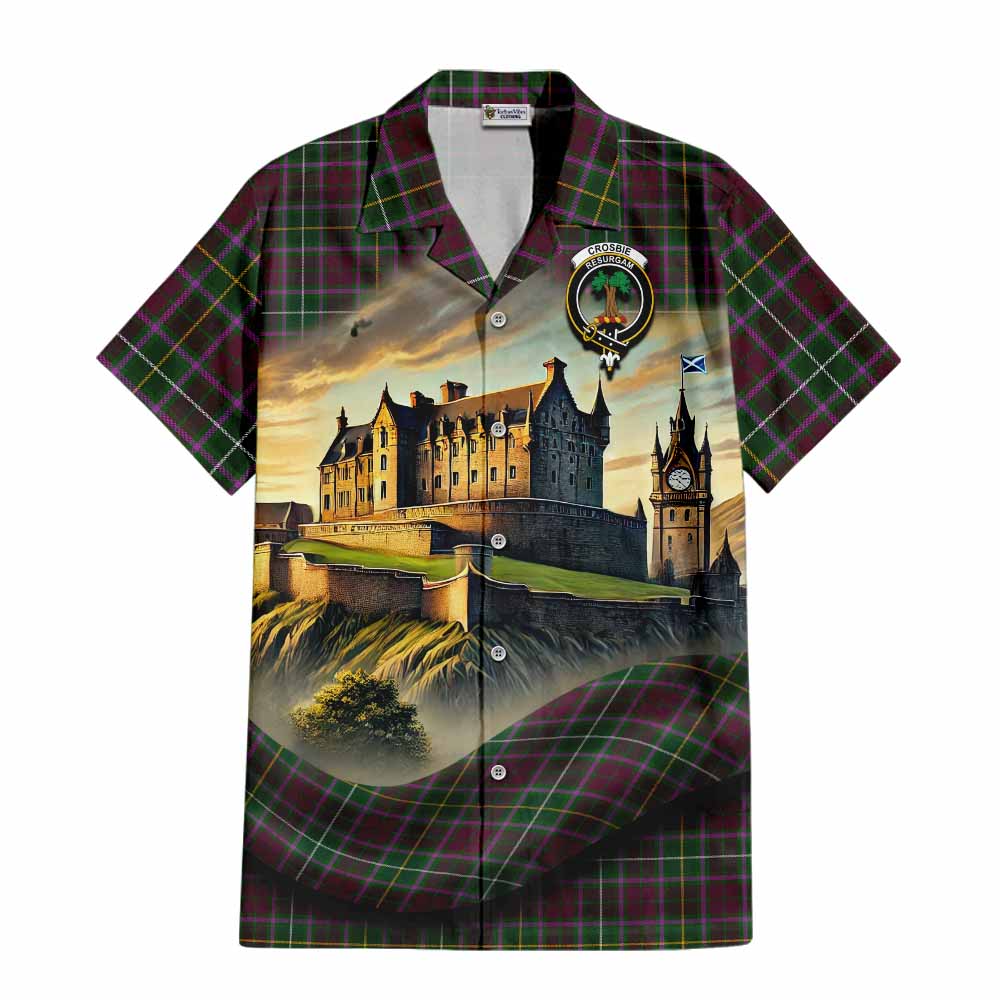 Tartan Vibes Clothing Crosbie Tartan Family Crest Short Sleeve Button Shirt with Scottish Ancient Castle Style