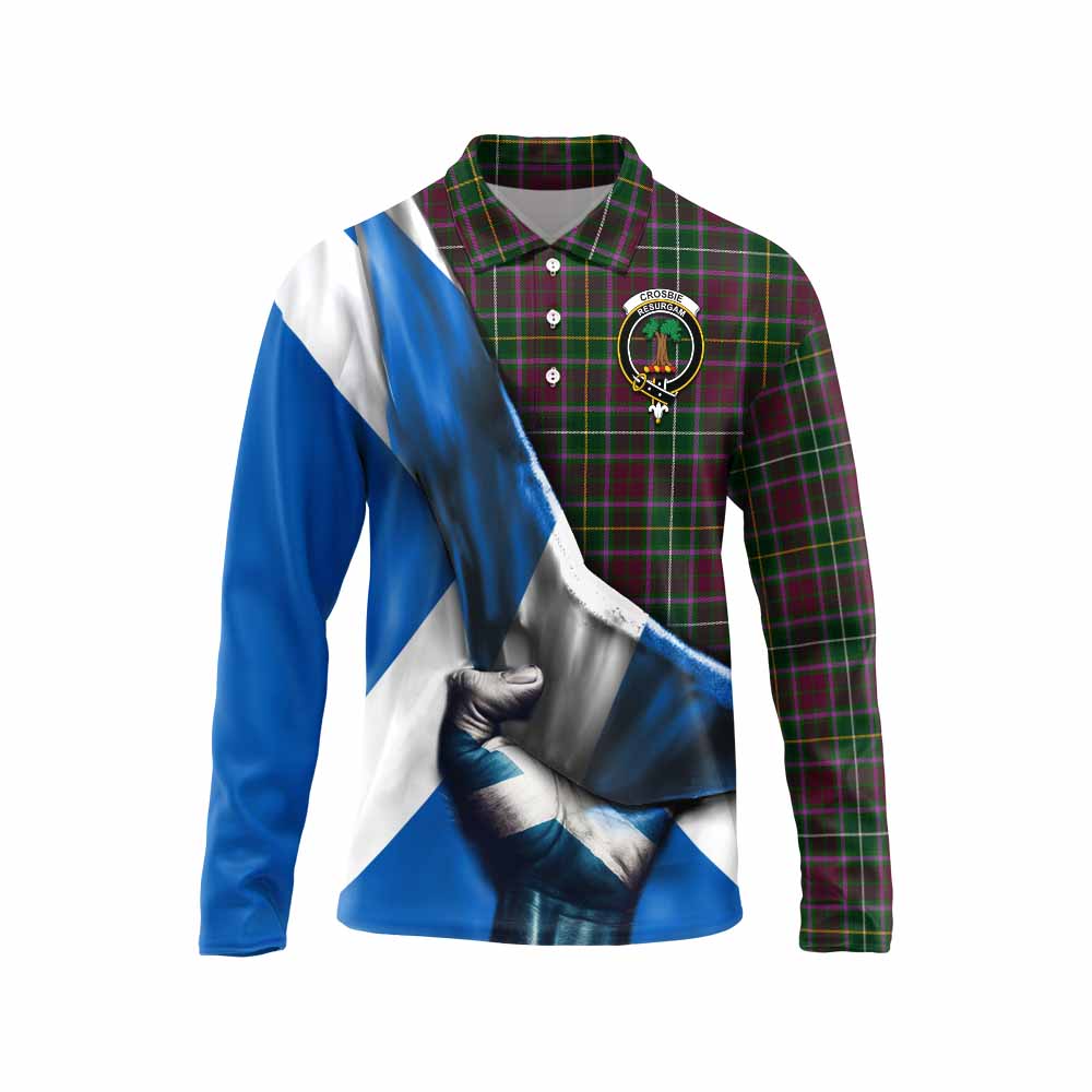 Tartan Vibes Clothing Crosbie Tartan Long Sleeve Polo Shirt with Family Crest Scotland Patriotic Style