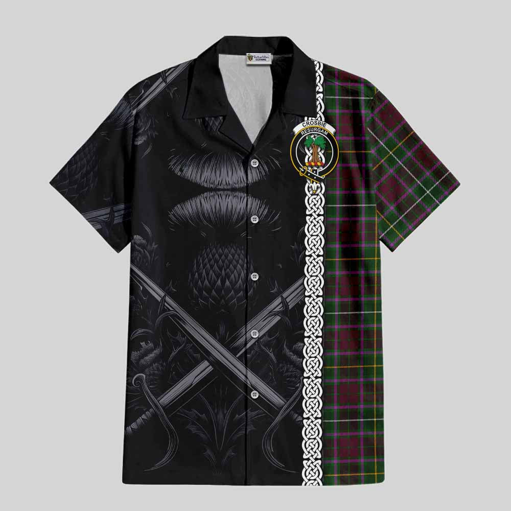 Tartan Vibes Clothing Crosbie Tartan Short Sleeve Button Shirt with Family Crest Cross Sword Thistle Celtic Vibes
