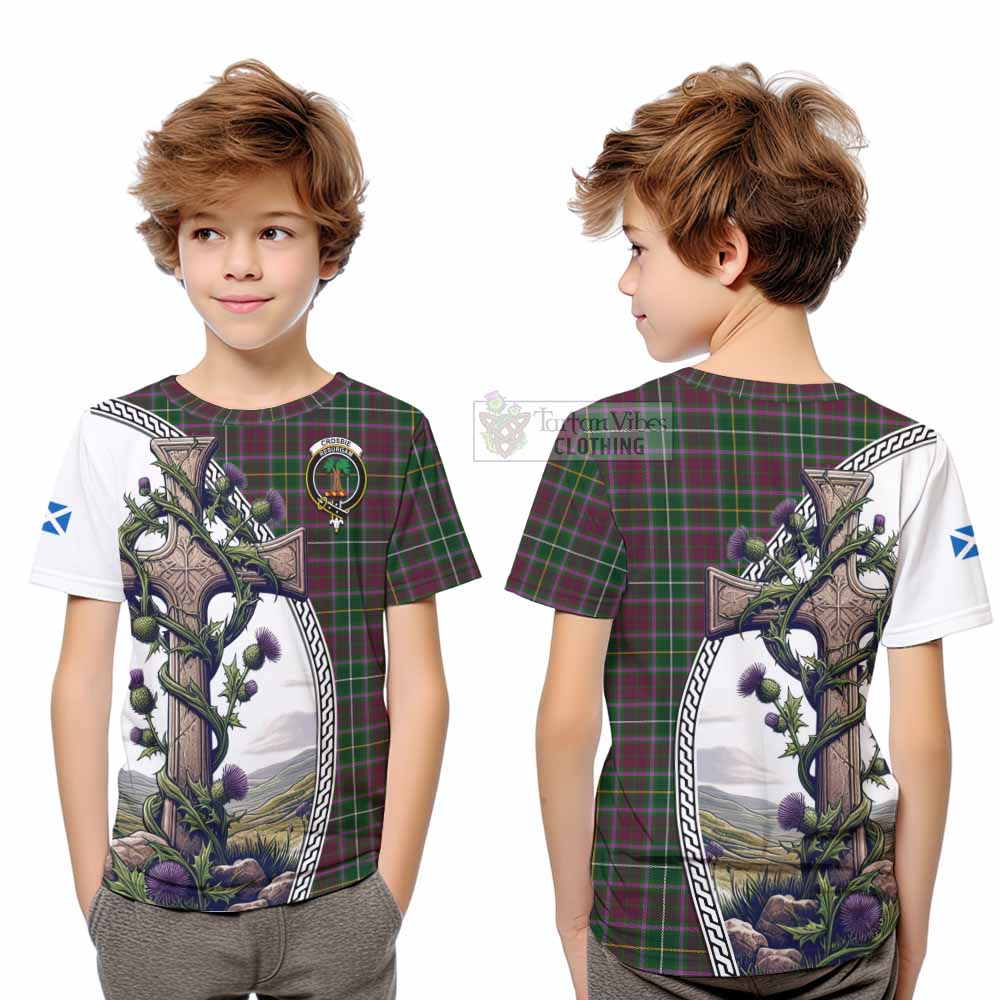 Tartan Vibes Clothing Crosbie Tartan Kid T-Shirt with Family Crest and St. Andrew's Cross Accented by Thistle Vines