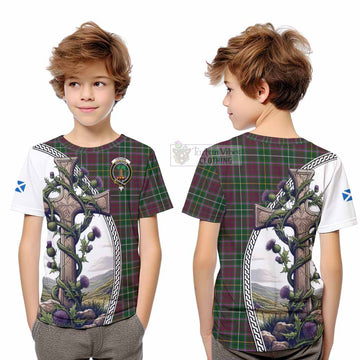 Tartan Vibes Clothing Crosbie Tartan Kid T-Shirt with Family Crest and St. Andrew's Cross Accented by Thistle Vines