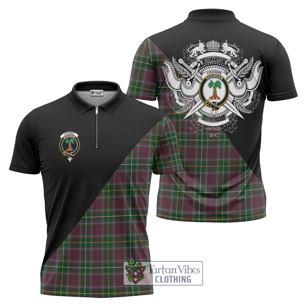 Crosbie Tartan Zipper Polo Shirt with Family Crest and Military Logo Style Unisex - Tartanvibesclothing Shop