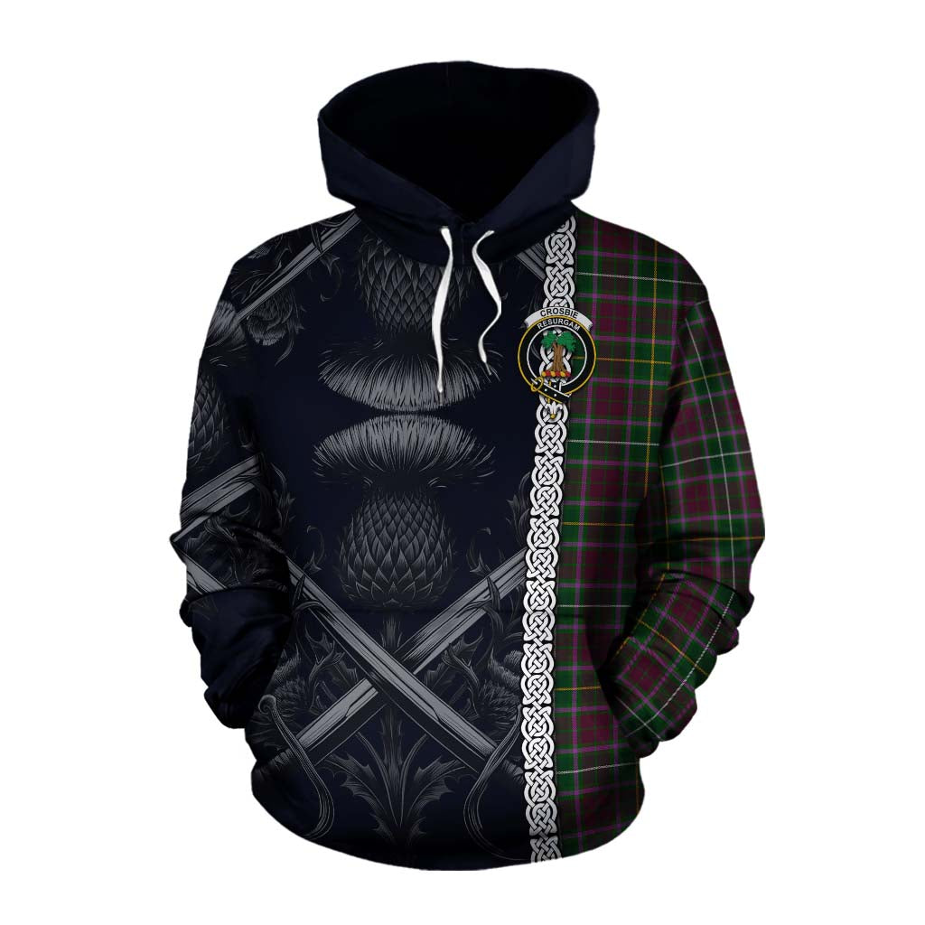 Tartan Vibes Clothing Crosbie Tartan Cotton Hoodie with Family Crest Cross Sword Thistle Celtic Vibes