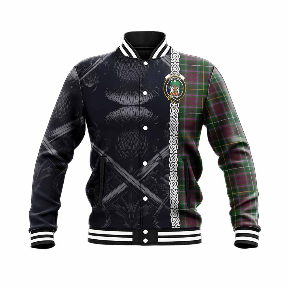 Tartan Vibes Clothing Crosbie Tartan Baseball Jacket with Family Crest Cross Sword Thistle Celtic Vibes