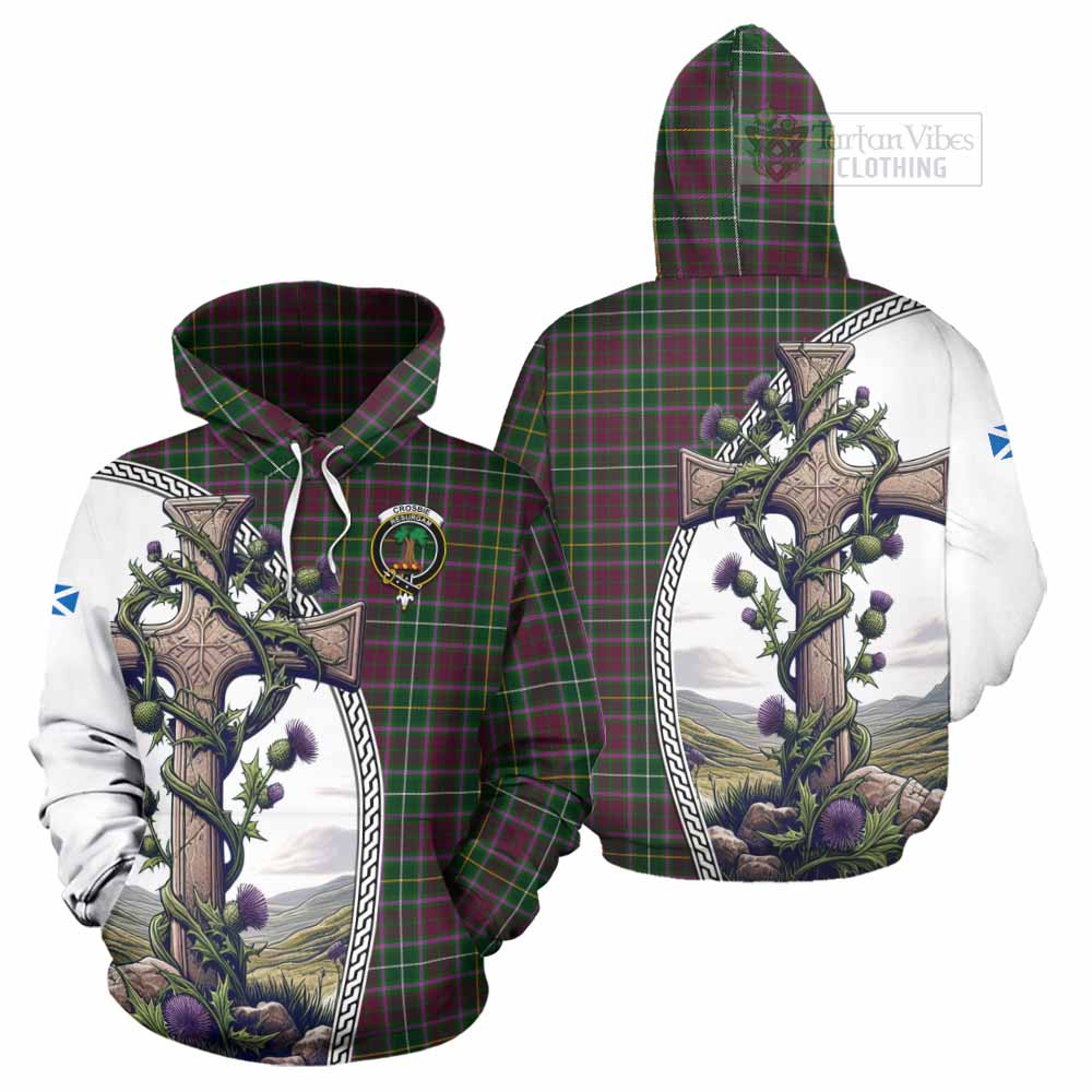 Tartan Vibes Clothing Crosbie Tartan Hoodie with Family Crest and St. Andrew's Cross Accented by Thistle Vines