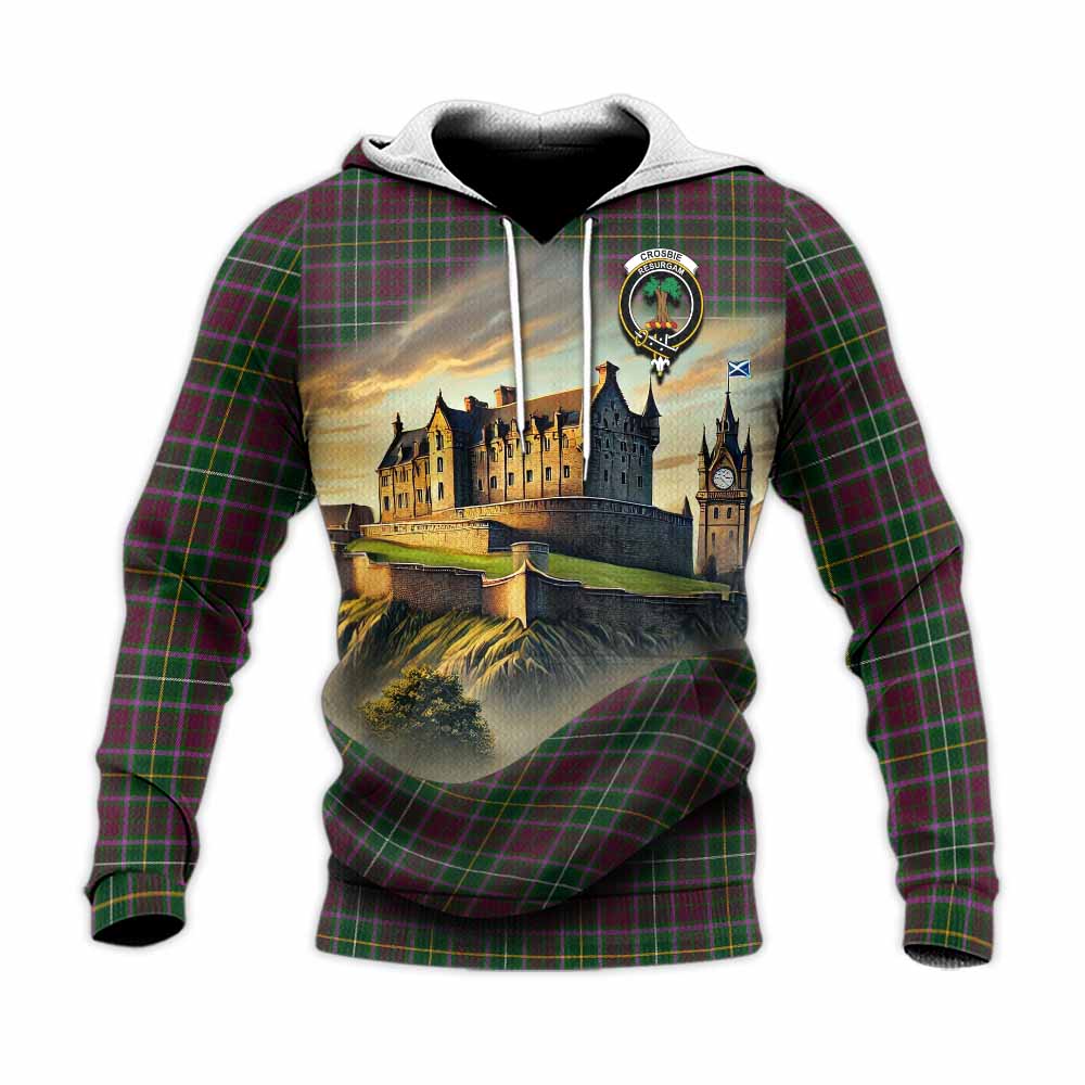 Tartan Vibes Clothing Crosbie Tartan Family Crest Knitted Hoodie with Scottish Ancient Castle Style