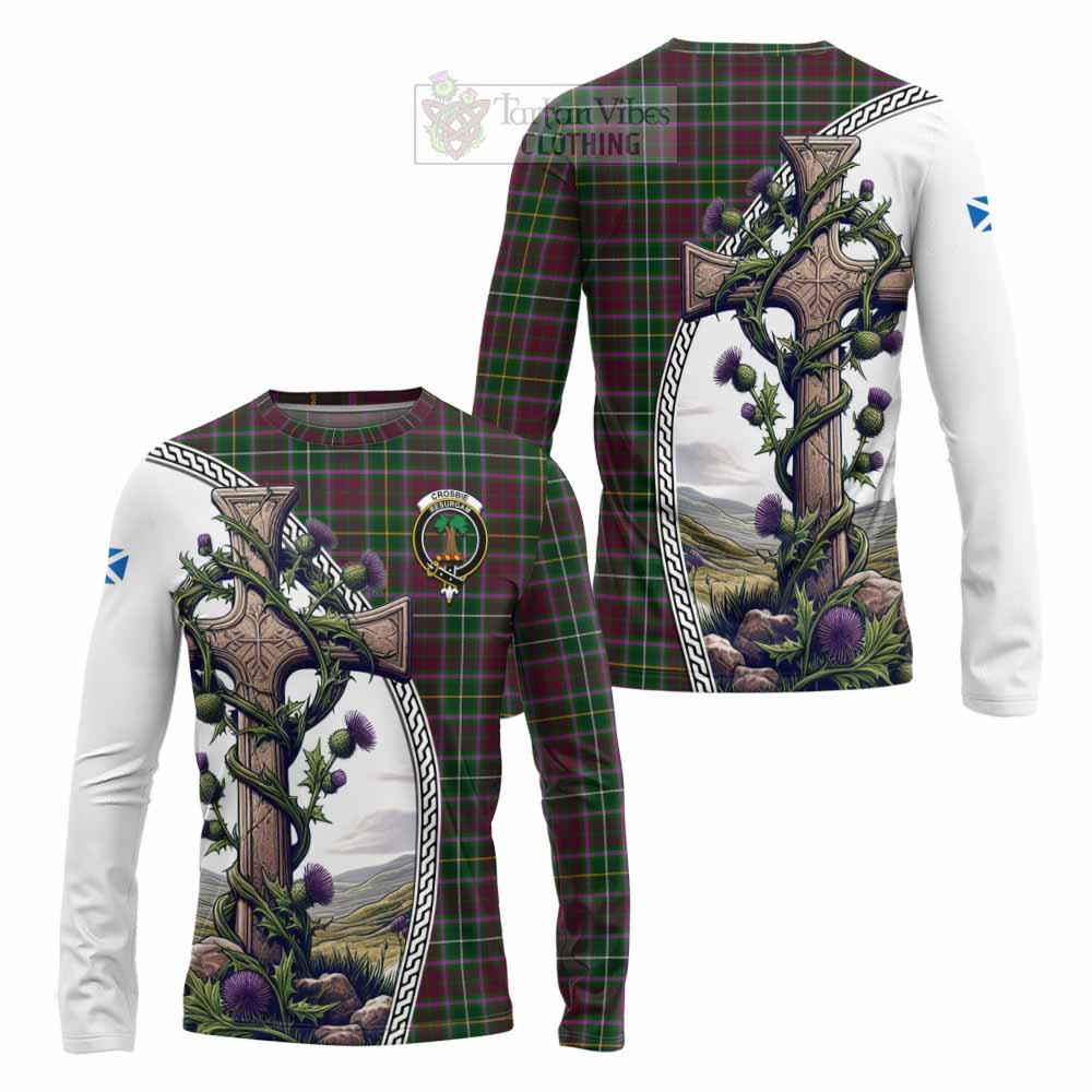 Tartan Vibes Clothing Crosbie Tartan Long Sleeve T-Shirt with Family Crest and St. Andrew's Cross Accented by Thistle Vines