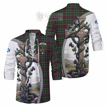 Tartan Vibes Clothing Crosbie Tartan Ghillie Kilt Shirt with Family Crest and St. Andrew's Cross Accented by Thistle Vines