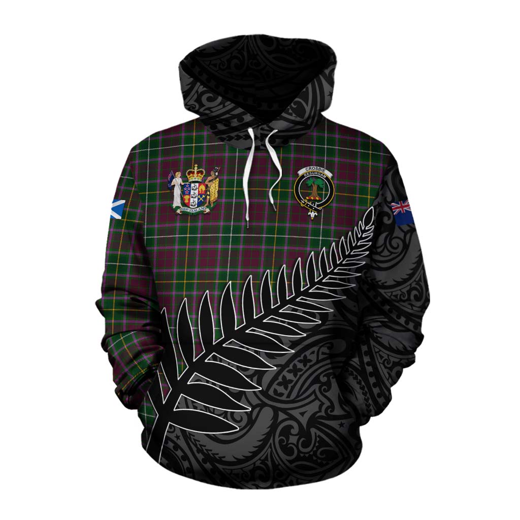 Tartan Vibes Clothing Crosbie Crest Tartan Cotton Hoodie with New Zealand Silver Fern Half Style