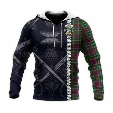 Tartan Vibes Clothing Crosbie Tartan Knitted Hoodie with Family Crest Cross Sword Thistle Celtic Vibes
