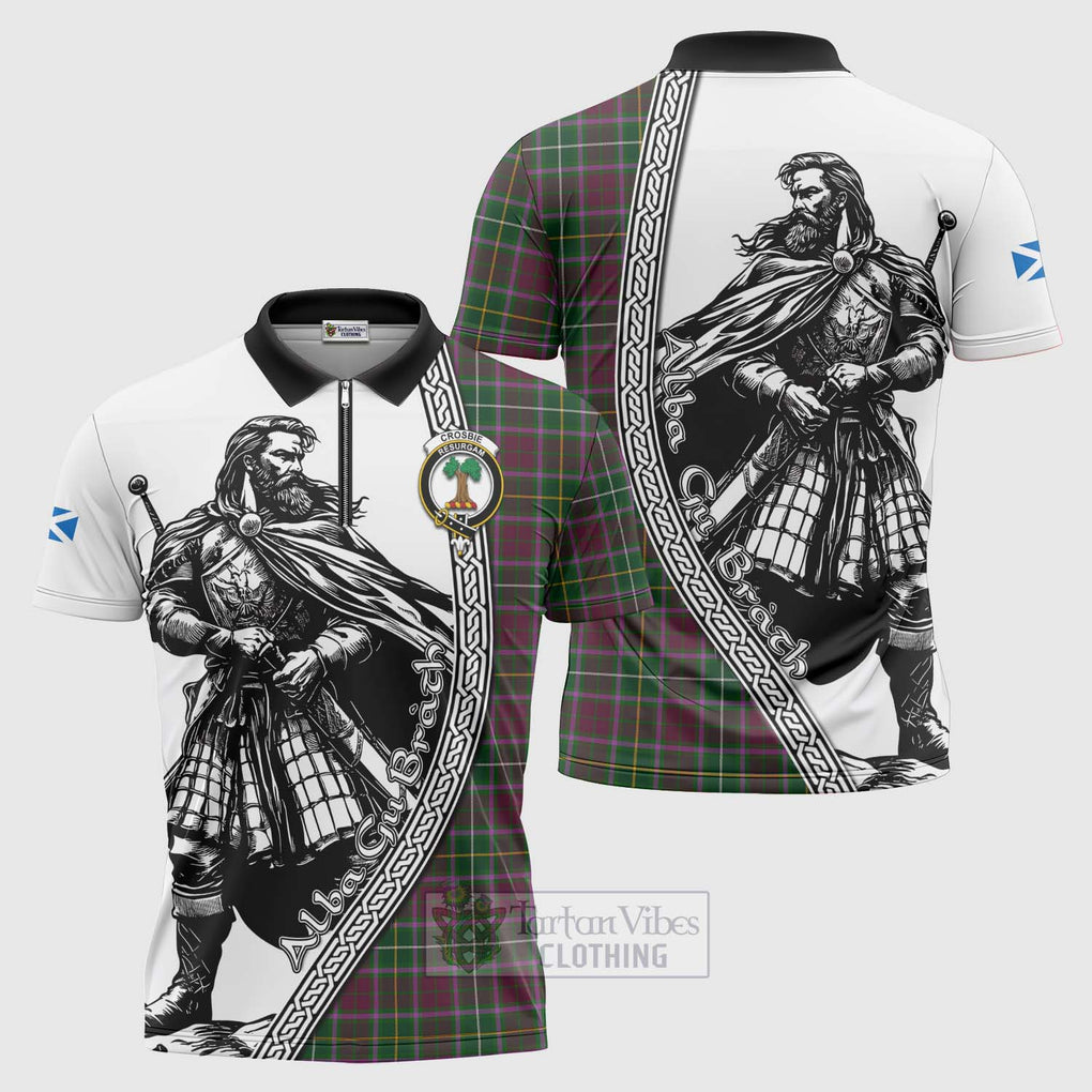 Tartan Vibes Clothing Crosbie Tartan Clan Crest Zipper Polo Shirt with Highlander Warrior Celtic Style