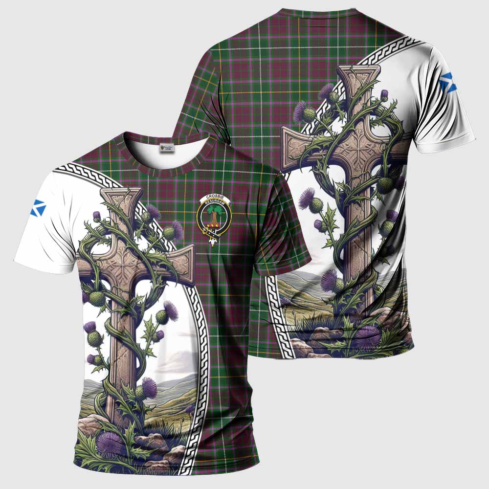 Tartan Vibes Clothing Crosbie Agnew Tartan T-Shirt with Family Crest and St. Andrew's Cross Accented by Thistle Vines