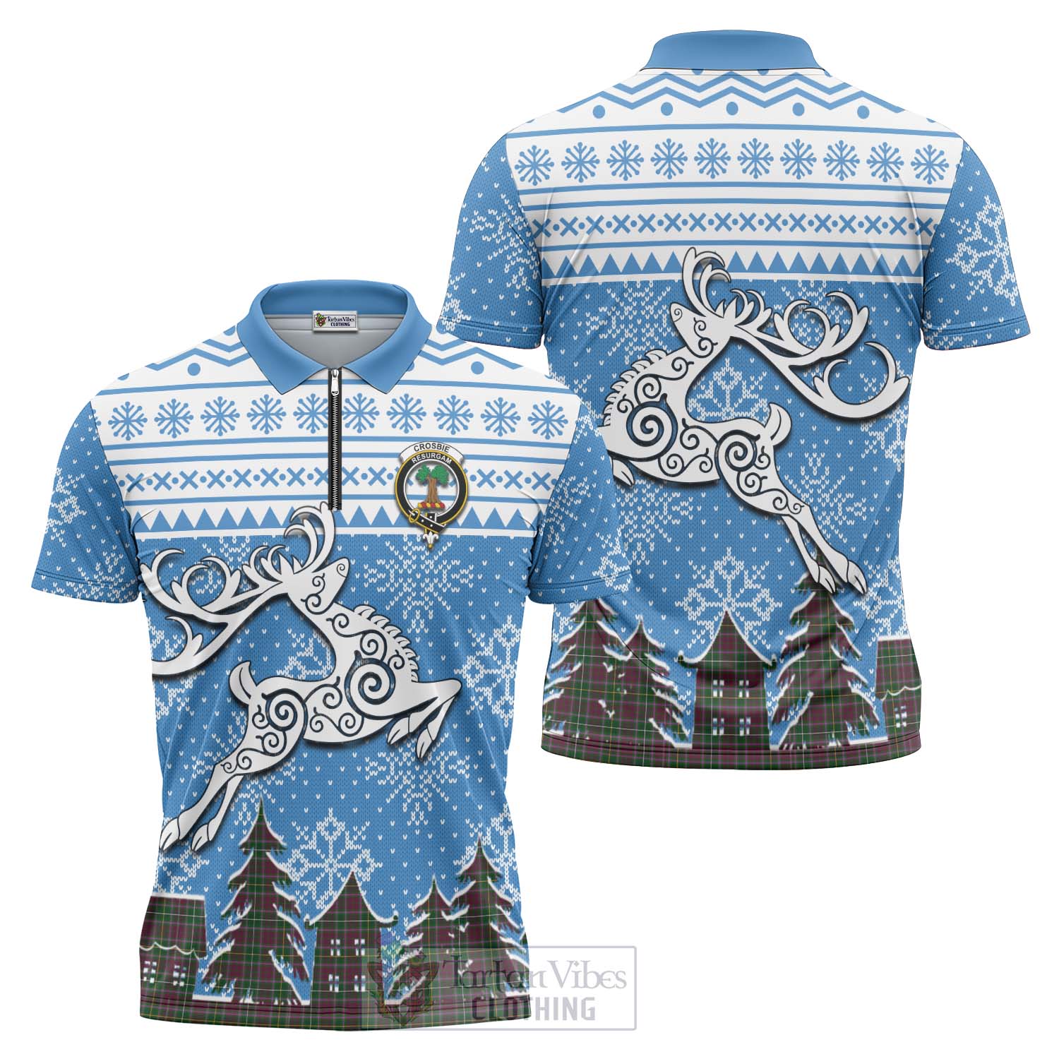Tartan Vibes Clothing Crosbie Clan Christmas Zipper Polo Shirt Celtic Reindeer Style