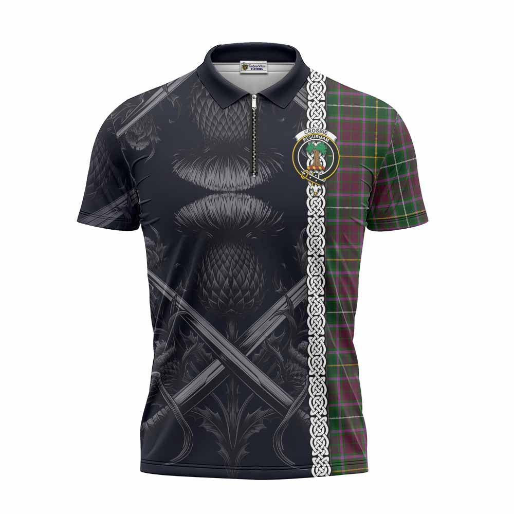 Tartan Vibes Clothing Crosbie Tartan Zipper Polo Shirt with Family Crest Cross Sword Thistle Celtic Vibes