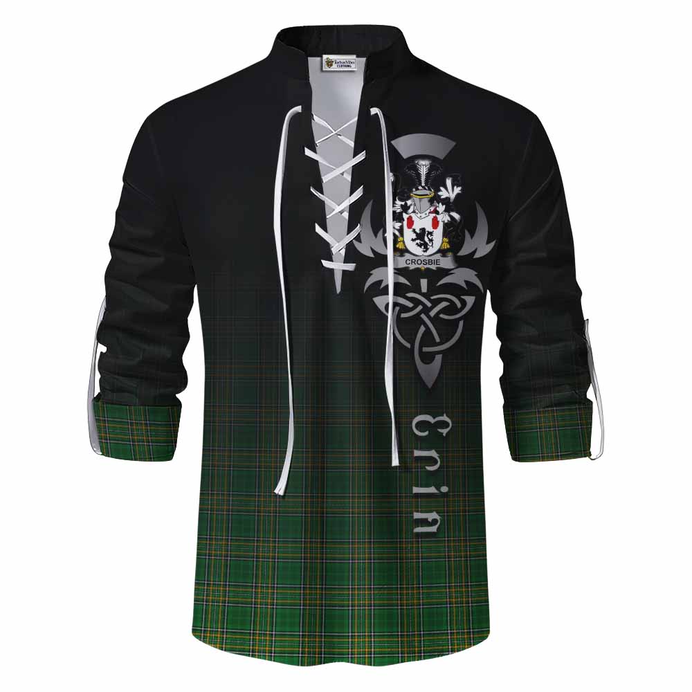 Tartan Vibes Clothing Crosbie Irish Clan Ghillie Kilt Shirt with Coat of Arms Erin Go Bragh Celtic Inspired