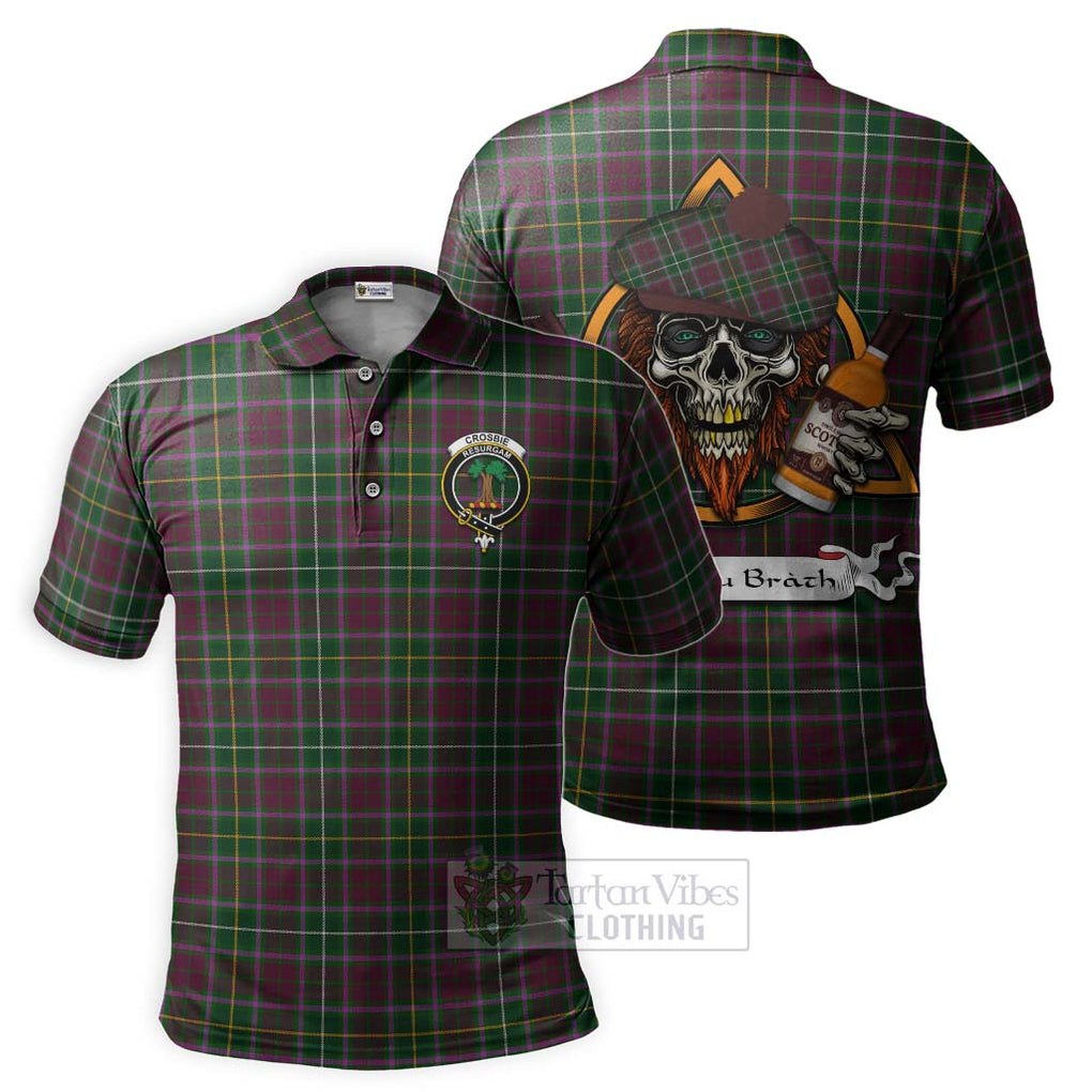 Tartan Vibes Clothing Crosbie Tartan Polo Shirt with Family Crest and Bearded Skull Holding Bottles of Whiskey