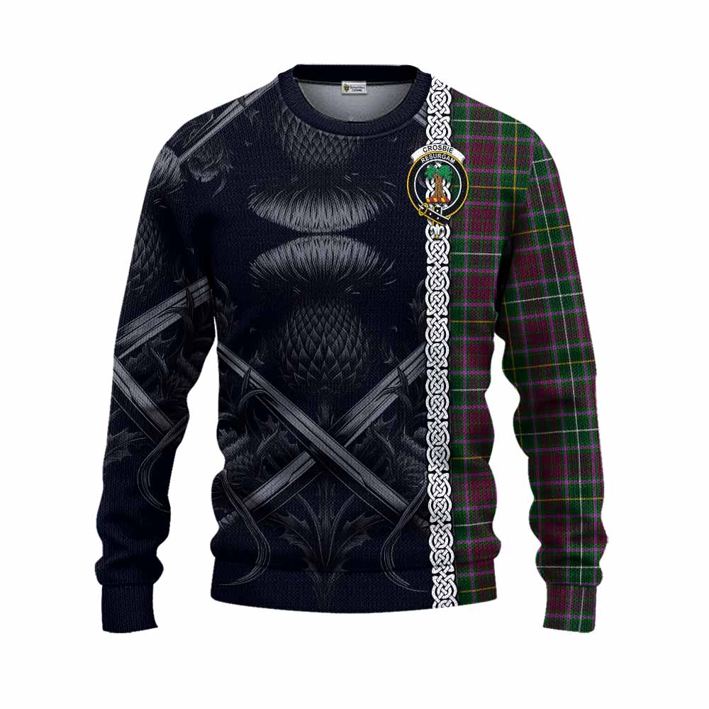 Tartan Vibes Clothing Crosbie Tartan Knitted Sweater with Family Crest Cross Sword Thistle Celtic Vibes